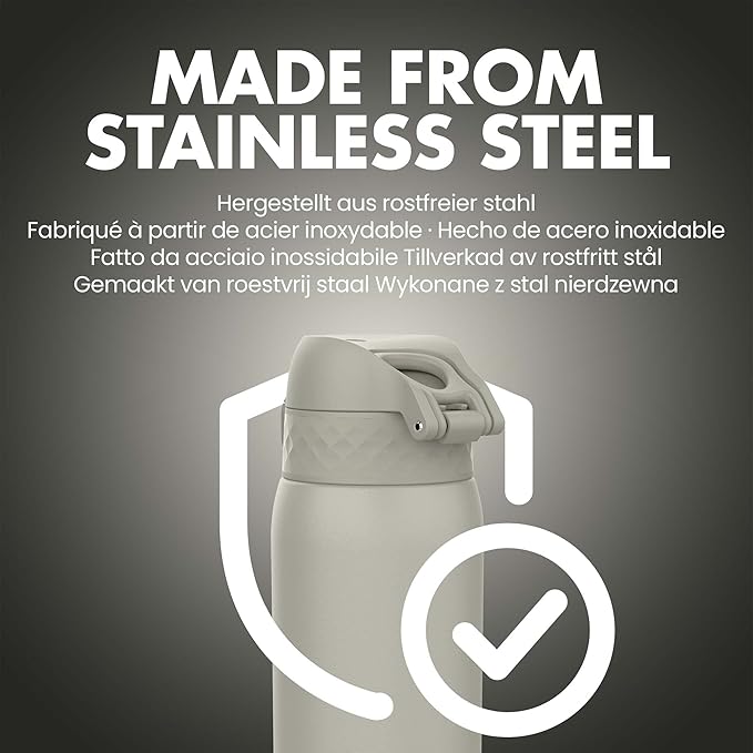 Ion8 Kids Water Bottle, Steel 400 ml/13 oz, Leak Proof, Easy to Open, Secure Lock, Dishwasher Safe, Hygienic Flip Cover, Carry Handle, Easy Clean, Durable, Scratch Resistant, Carbon Neutral, Grey