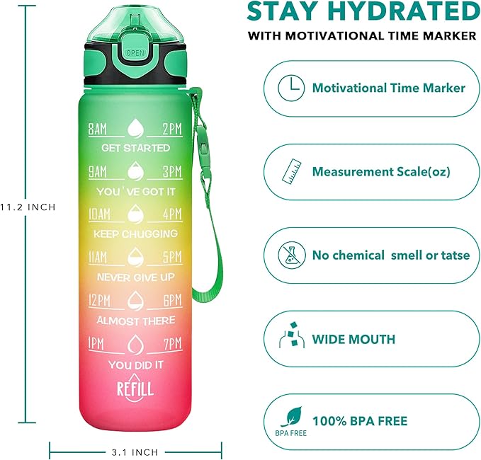 Enerbone 32 oz Drinking Water Bottle with Times to Drink and Straw, Motivational with Carrying Strap, Leakproof BPA & Toxic Free, Ensure You Drink Enough Water for Fitness Gym Outdoor