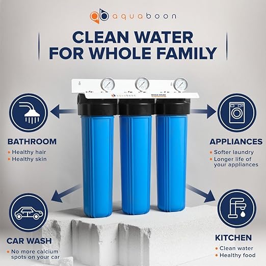 Aquaboon Whole House Water Filter System for Well Water - w/ 5 Micron Water Filter 20"x4.5" Sediment, Anti-Scale, CTO Filters - White Coated Bracket, Wrench & Pressure Gauge & Release Button (1" Port)