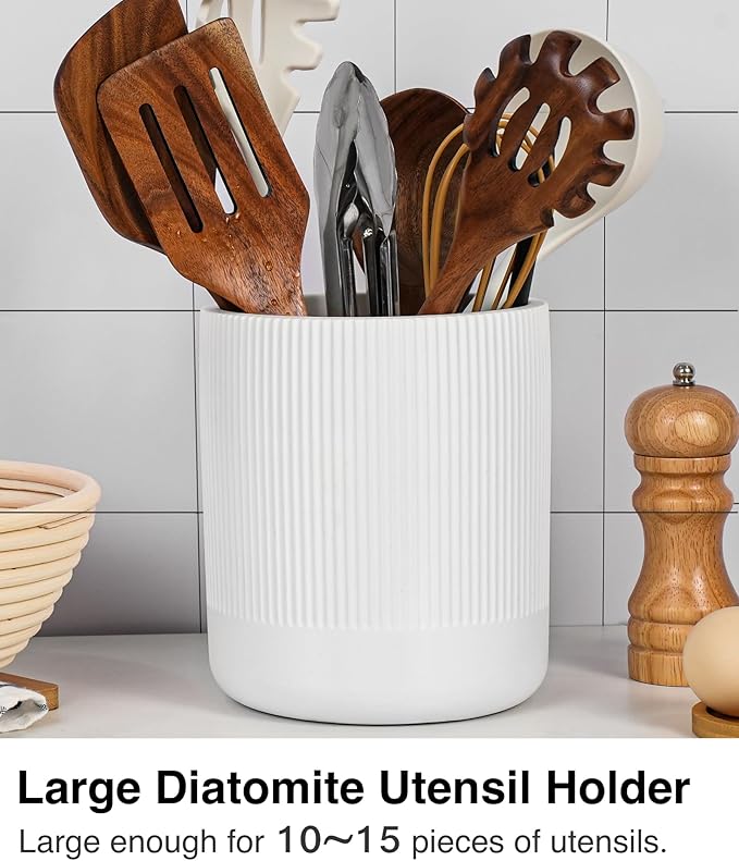 Instant Dry Stone Utensil Holder for Kitchen Counter, H7" Large Diatomite Kitchen Utensil Holder for Countertop, Cooking Utensil Crock with Water Absorbent, Farmhouse Kitchen Counter Decor,White