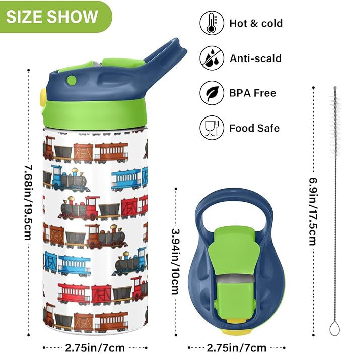 Colorful Truck Trains Railroad Kids Water Bottle with Straw Insulated Stainless Steel BPA-Free Sport Bottles for Boys Girls Toddlers 12 oz Green Lid