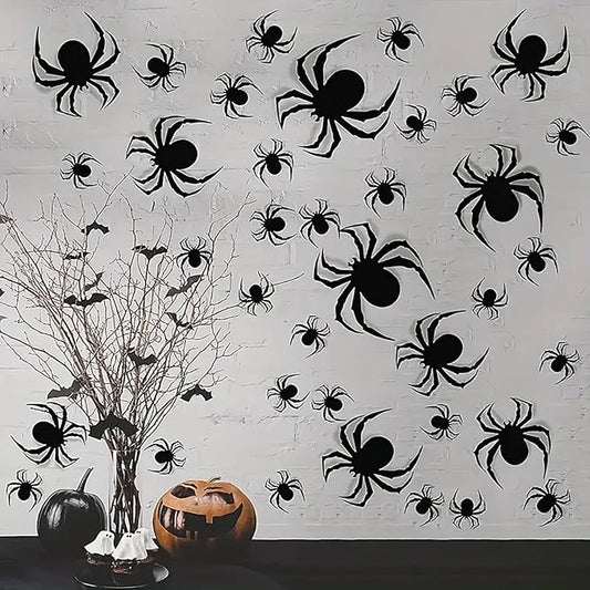 Halloween Wall Stickers 24Pcs Spider Wall Decor 3D Self Adhesive Halloween Wall Decals Horror Black Spiders Wall Decorations Reusable Window Stickers for Halloween Party Home Room Art DIY Accessories