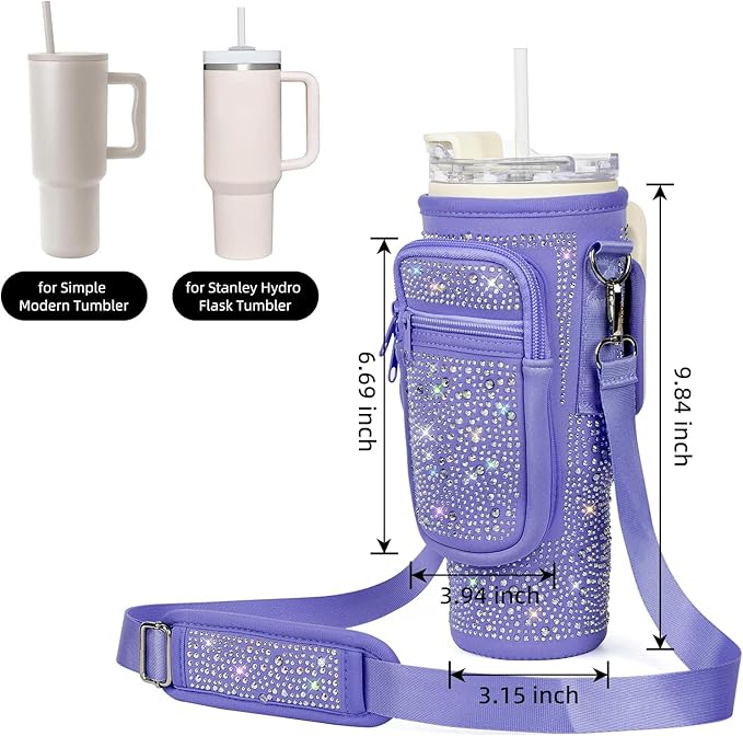 Bling Water Bottle Carrier Bag with Phone Pocket,Water Bottle Holder Bag for Stanley Cup Accessories,Cup Holder with Adjustable Shoulder Strap with Stanley 40 & 30 oz Tumbler,Purple