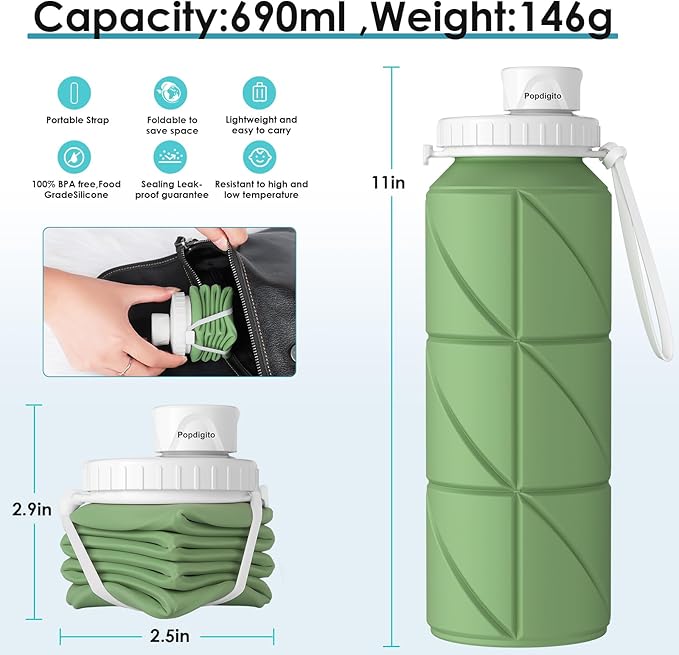 Collapsible Water Bottle Foldable Silicone Travel Water Bottle Leakproof Flexible BPA Free Portable,Folding Water Bottle Lightweight for Camping, Hiking,Sports Water Bottles Travel 23oz