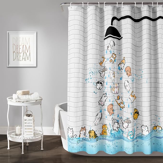 AILONEN Cute Cat Shower Curtain for Kids 48" W*72" H Inch,Colorful Animals Playing Water Kids Lovely Funny Hilarious Shower Curtain,12 Pack Hooks Polyester Waterproof Fabric Decor for Bathroom