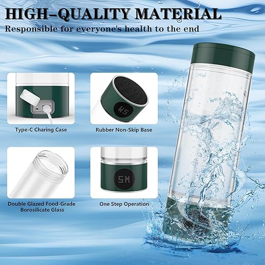 Hydrogen Water Bottle, Hydrogen Water Generator 1700+PPB Fourth Generation SPE PEM Technology, Portable High Borosilicate Glass Hydrogen Water Generator Quick Electrolysis