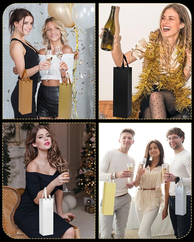 Megitzuu Wine Gift Bags 12 Pack - 6 Colors Reusable Kraft Paper Wine Bags for Wine Bottle Gifts with Handles for Birthday Wedding Christmas Thank You
