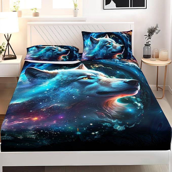 AILONEN Wolf Fitted Sheet Set Twin XL Size, Space Galaxy Wolf Bed Sheet Set for Boys Girls,Howling Wolf Safari Wolf Breathable Fitted Sheet and 2 Pillowcases,3 Pieces