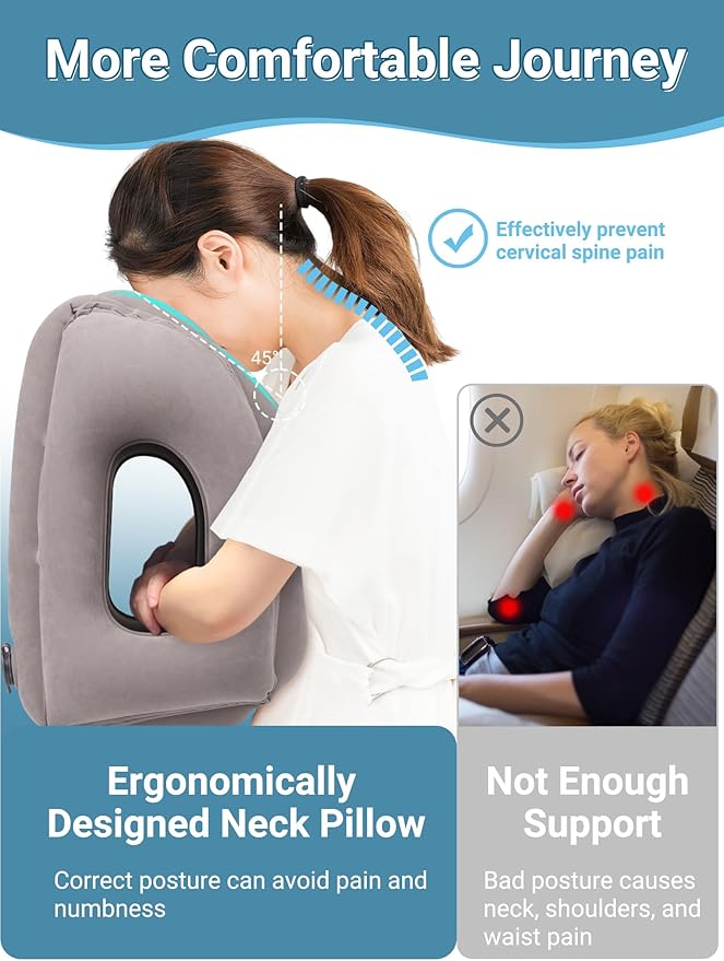 Maliton Inflatable Travel Pillow for Airplane Comfortable Sleeping to Relieve Neck and Shoulder Pain, Support Head Inflatable Pillow for Long Flights, Used for Airplanes, Cars, Trains, Office(Grey)