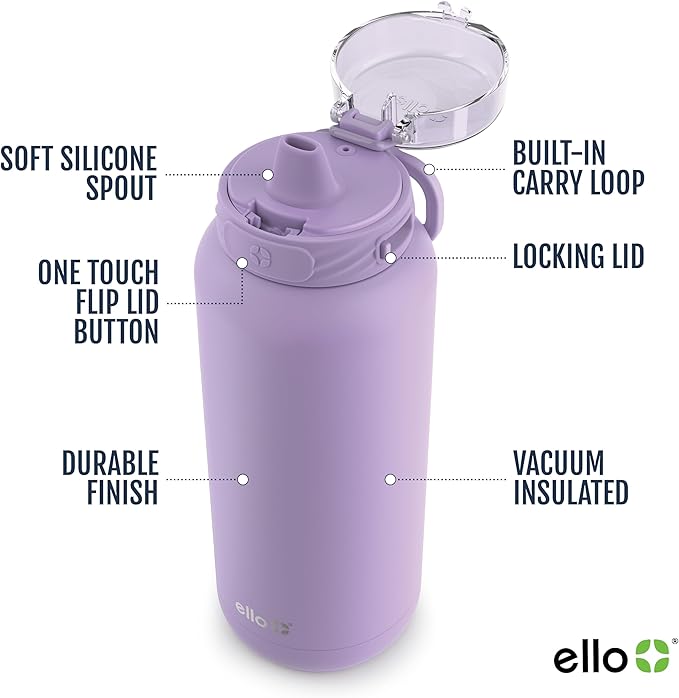 Ello Cooper 32oz Stainless Steel Water Bottle with Straw and Carry Handle, Double Walled and Vacuum Insulated Metal, Leak Proof Locking Lid with Soft Silicone Spout, Reusable, BPA Free, Lilac