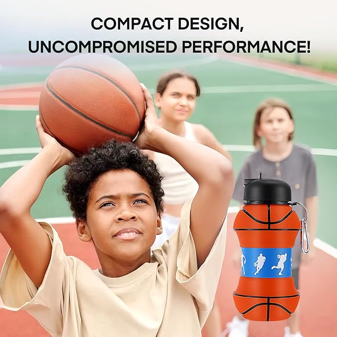 Kids Sports Collapsible Water Bottle | Ball Shaped Drinking Cup | Foldable BPA Free Leakproof Lightweight Silicon Jug | School Lunch Mug Team Gift Travel (Basketball Orange 550ml/18.6oz)