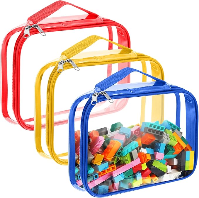 Sanwuta 3 Packs Toy Storage Bags with Zipper, Clear PVC Organizing Bags, Waterproof Toy Bags for Board Games, Building Blocks, Toys and Kids Books (Red, Blue, Yellow,12.6 x 9 x 2.36 Inch)