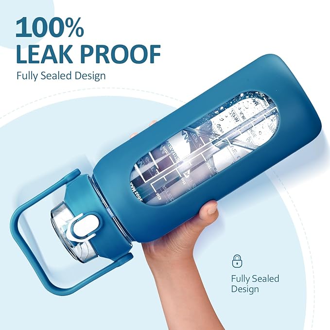 kytffu 56oz Glass Water Bottles with Straw, Motivational Glass Bottle with Silicone Sleeve and Time Marker, Leakproof Large Glass Water Jug for Gym Home Office,Iron Blue