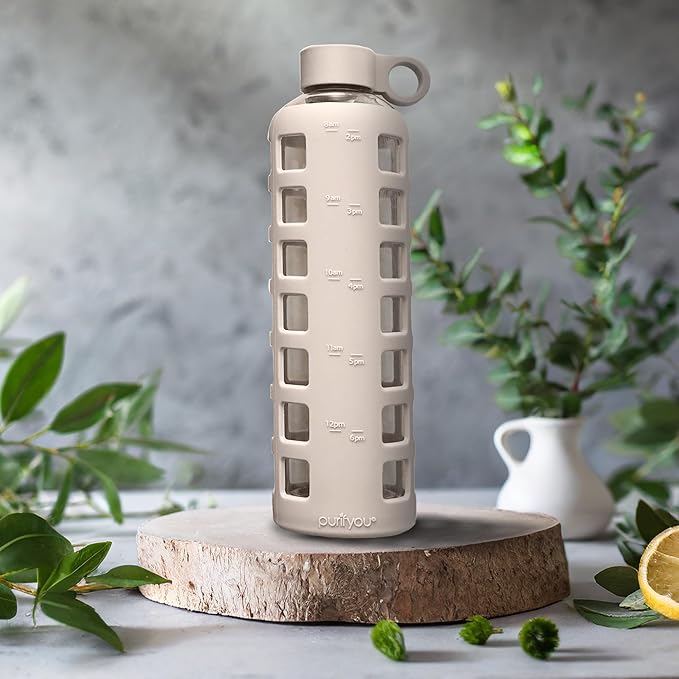 purifyou Premium Glass Water Bottles, 40/32 / 22/12 oz Reusable Drinking Bottle with Time & Volume Markings Silicone Sleeve & Stainless Steel Lid for Water, Coffee, & Fruit Juice (40oz Pearled Ivory)