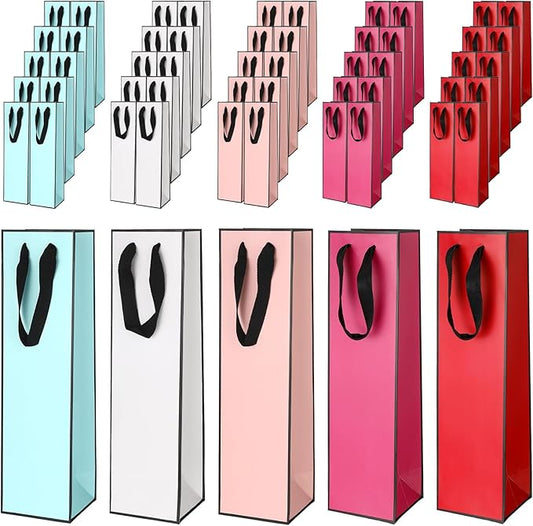 Fumete 50 Pack Wine Bottle Gift Bags Paper Wine Gift Bags Bulk 13.8x3.7x3.5 Wine Bags with Handles Appreciation Gifting Bags for Christmas Wedding Anniversary Birthday Party(Multicolor)