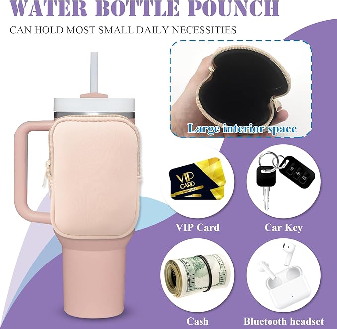 MONVIE Water Bottle Pouch Compatible with Stanley Quencher Adventure 40oz & Stanley IceFlow 20oz 30oz & Stanley Tumbler, Gym Accessories for Women, Tumbler Pouch for Cards, Keys, Earphone(Pink)