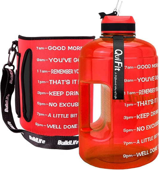 QuiFit Motivational Gallon Water Bottle - with Straw & Time Marker BPA Free Large Reusable Sport Water Jug with Handle for Fitness Outdoor Enthusiasts Leak-Proof