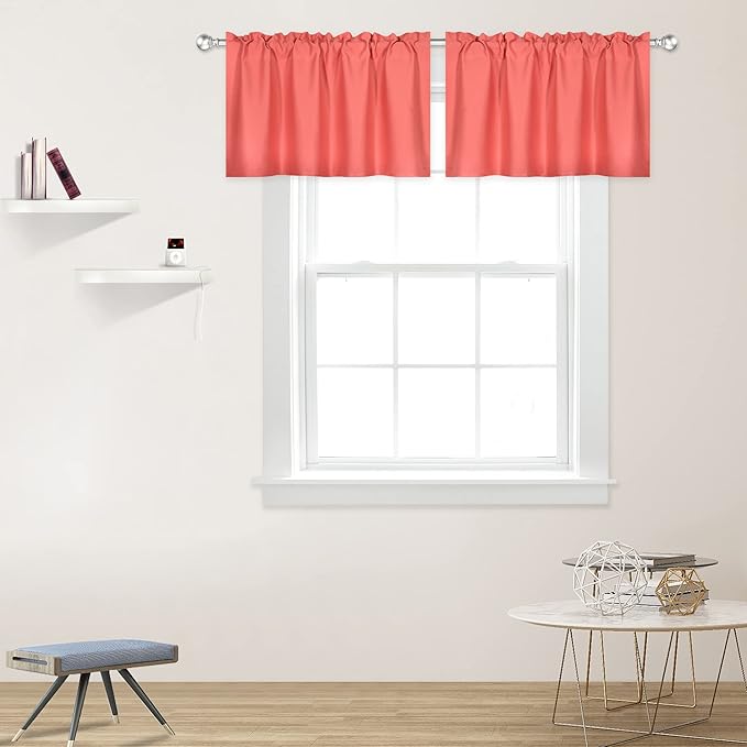 Coral Valance for Windows 42x18 Inch Solid Thermal Insulated Blackout Rod Pocket Kitchen Short Curtain Toppers Valance for Bathroom Living Room 2 Panels