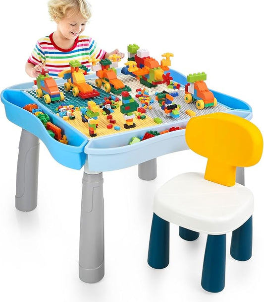 Kids Activity Table and Chair Set with 320Pcs Building Blocks, All in One Sand/Water/Sensory Desk with Storage, STEM Toys Toddler Learning Playset Table for Boys Girls Gifts 3 4 5-10 Years Old