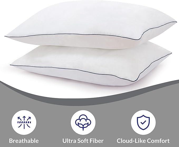 ROYALE LINENS Pillows Queen Size Set of 2 - Bed Pillows for Sleeping - Piping Pillow for Back, Stomach or Side Sleepers - Down Alternative Queen Pillows - Soft Hotel Quality (20x30 Inches, Pack of 2)