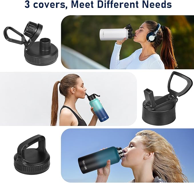 MEZMUT Insulated Water Bottle with Straw&3 Lids 40oz Stainless Steel Water Bottles Sports Metal Water Bottle Double Walled Vacuum Insulated Bottles Thermos Leak-Proof Travel Thermal (Black)