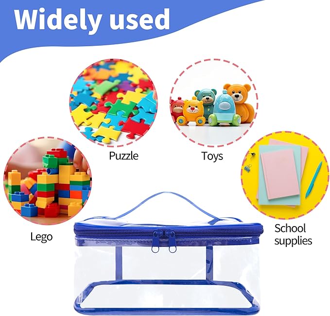 3 Packs Clear Toy Storage Bags- 9.4 x 6.7 x 4.3 Inch Transparent PVC Toy Organizing Bags with Zipper- Waterproof Toy Storage Organizer Pouch for Building Blocks, Small Toys (Blue)