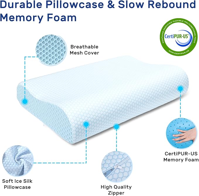 Memory Foam Pillows Neck Pillow Bed Pillow for Sleeping Ergonomic Cervical Pillow Orthopedic Contour Pillow for Stomach Sleeper-Blue White