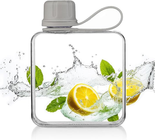 Tritan Transparent Flat Water Bottle samll Water Bottle Slim Square Pocket Bottle Water Flask, BPA Free/Slim Design/Leak Proof Water Bottle for Travel, Outdoor, Sports, Camping (Grey, 320ML)