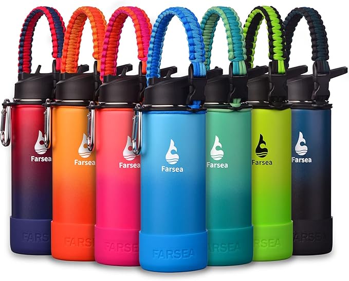 Farsea Insulated Water Bottle With Paracord Handle, Protective Silicone Boot and 2 Lids (Straw Lid & Spout Lid), Stainless Steel Water Bottle Wide Mouth, Double Wall Sweat-Proof BPA-Free, 18 oz