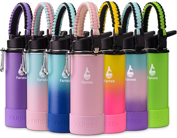Farsea Insulated Water Bottle With Paracord Handle, Protective Boot and 2 Lids (Straw Lid & Spout Lid), Stainless Steel Water Bottle Wide Mouth, Double Wall Sweat-Proof BPA-Free, 18 oz