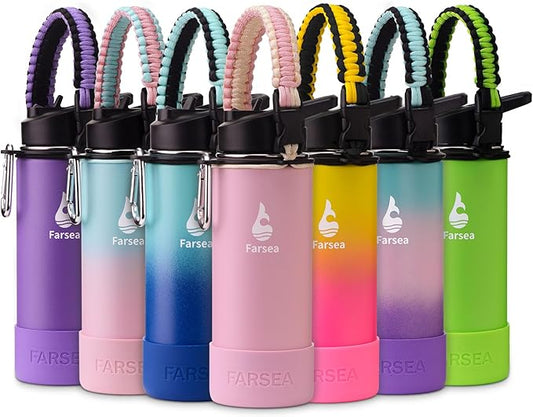 Farsea Insulated Water Bottle With Paracord Handle, Protective Boot and 2 Lids (Straw Lid & Spout Lid), Stainless Steel Water Bottle Wide Mouth, Double Wall Sweat-Proof BPA-Free, 18 oz