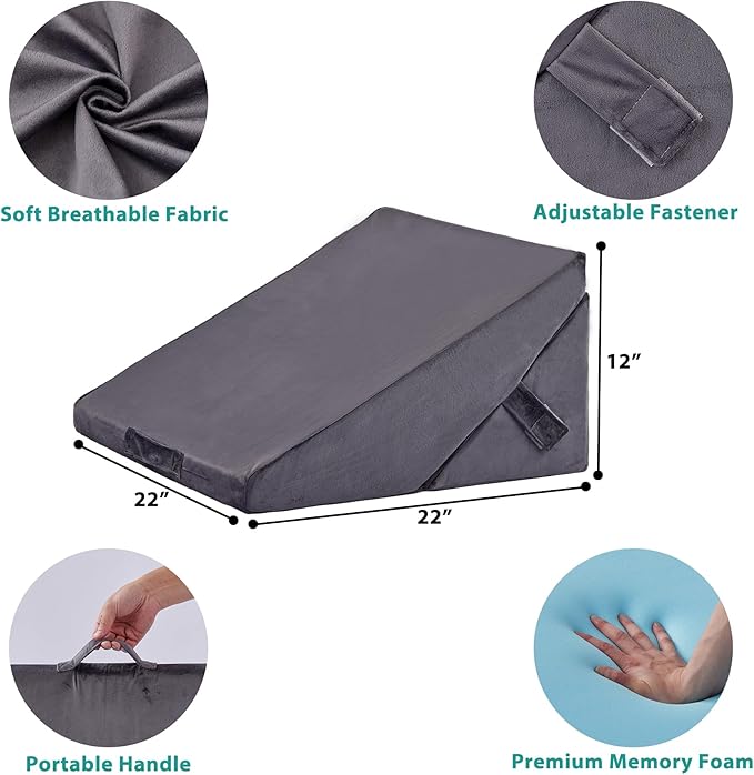 Wedge Pillow for Sleeping, Adjustable 9&12 Inch Foldable Bed Wedge Pillow Set, Orthopedic Memory Foam Triangle Pillow Wedge, 7-in-1 Elevated Pillows for Leg and Back Support, Velvet