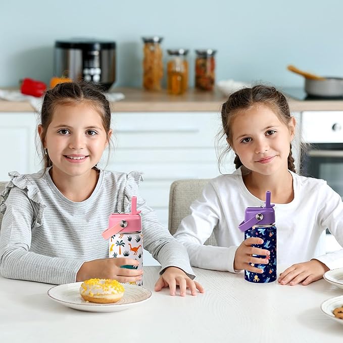 Kids Insulated Water Bottle, 2 Pack 12oz Shark & Dinosaur Water Bottles Bulk with Flip Straw & Big Handle, Gifts for Kids Girls to School Travel Sports, Hands Wash Only, Purple & Pink