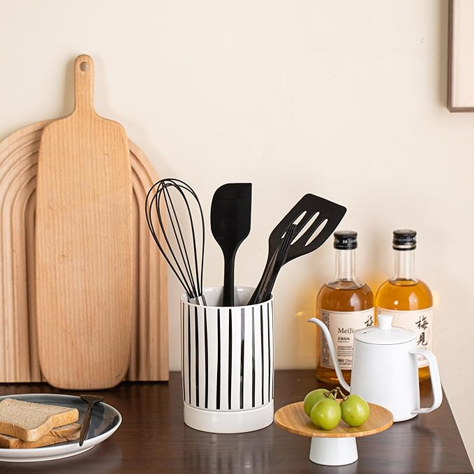 Small Utensil Holder for Kitchen Counter 4.1 x 6 Inches Ceramic Cooking Utensil Crocks Countertop Organizer Vintage Farmhouse Kitchen Decor Caddy,Stripe