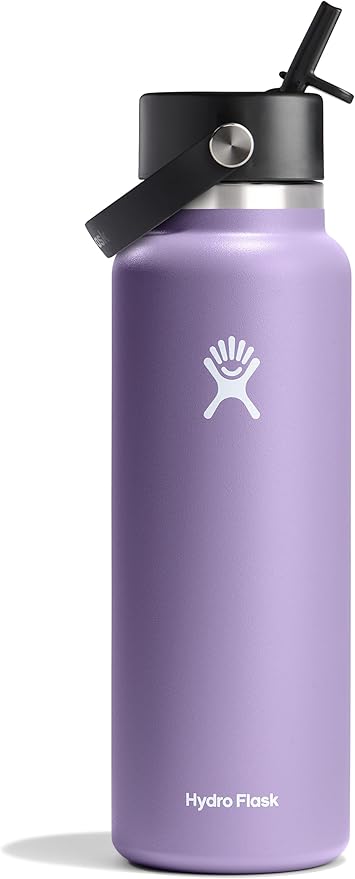 HYDRO FLASK Wide Mouth vacuum insulated stainless steel water bottle with leakproof closeable straw lid for cold water drinks, sports, travel, car and school