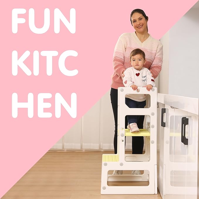 SDADI Mother's Helper Adjustable Height Plastic Kitchen Step Stool for Children, Kids Toddlers Counter Level Learning Stool for Kitchen & Bathroom, Beige and Yellow