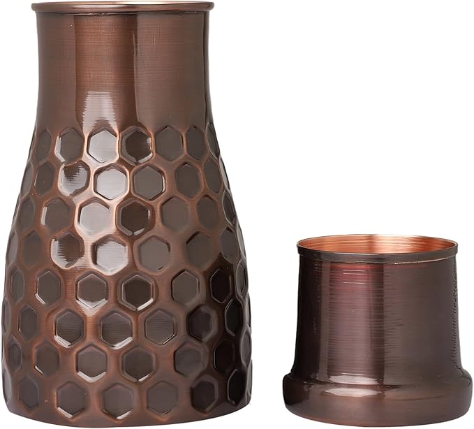 AAYUVEDA® Pure Copper Antique Honeycomb Bedroom Water Bottle 34oz, with in-Built Glass (Loose Lid)