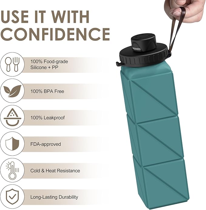 INNERNEED Collapsible Water Bottle, Reuseable BPA Free Silicone Foldable Water Bottles for Travel Gym Camping Hiking, 20.6 fl.oz, Portable, Food-Grade, Leak Proof (1 Pack, Dark Green)