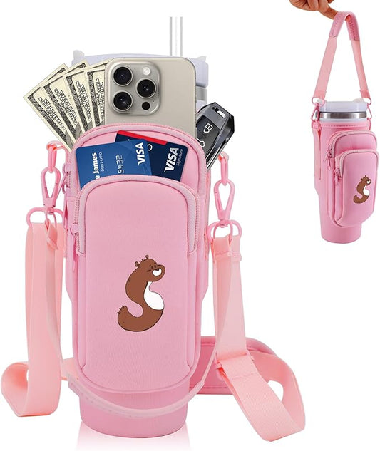 Water Bottle Carrier Bag for Stanley Cup Accessories, for Stanley Tumbler 40 Oz with Handle Holder Bag with Strap Neoprene Bollus with Straw, Straw Cover, Carabiner (Off White)