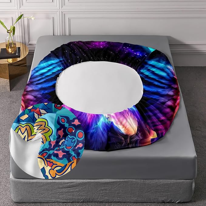 AILONEN Lion Fitted Sheet Set Twin Size, 3 Pieces Printed Evening Starry Wings Lion Bed Sheet Set,Colorful Tie Dye Rainbow Fitted Sheet with 2 Pillowcases