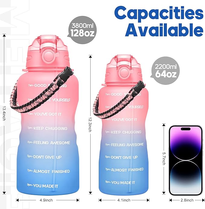 Water Bottles 1 / Half Gallon with Time Marker and Straw, Large Fitness Sports Motivational Bottle, Wide Mouth Leakproof and BPA Free for Travel, Gym,office,school