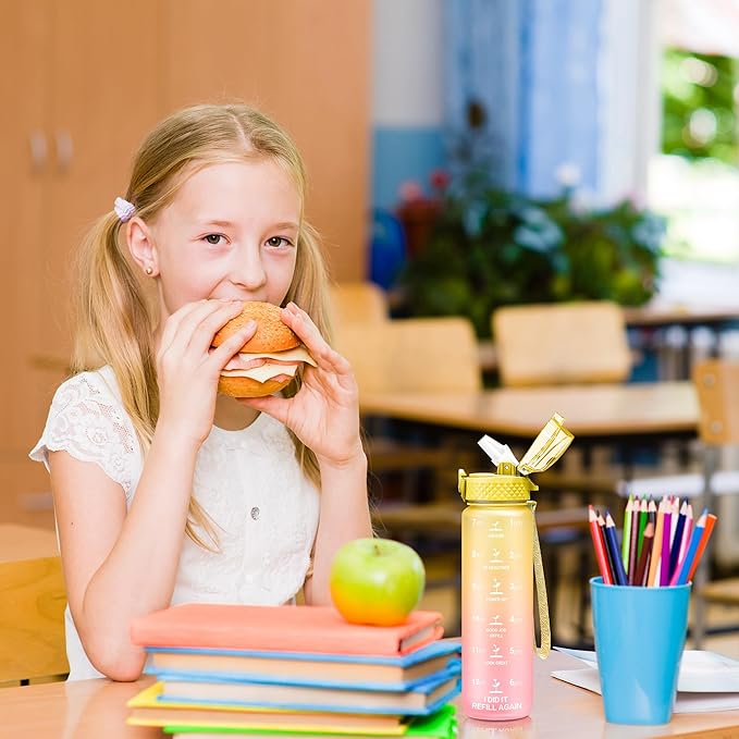 OLDLEY Kids Water Bottle for School, 17 oz (2 lids) BPA-Free Reusable Leak-proof Durable Tritan Plastic Water Bottles with Straw & Chug Lids, Anti-dust Spout Cover (Nectarine)