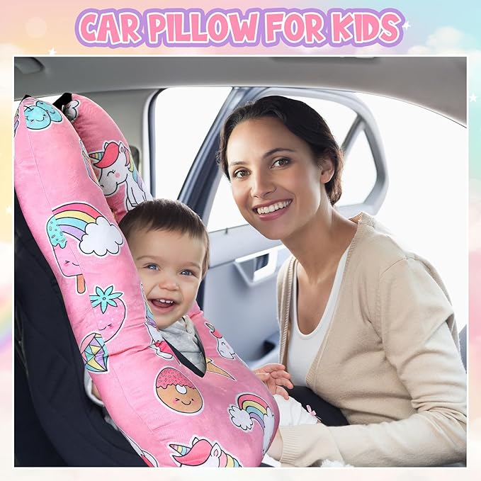 Barydat Car Pillow 28 x 18 Inch Car Travel Pillow Pink Unicorn U Shaped Neck Pillows Sleeping Reading Pillows for Long Distance Soft Washable Airplane Pillow for Adults Head and Body Support
