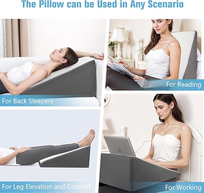 Wedge Pillow for Sleep Apnea, 12 Inch Bed Wedge Pillow for Headboard, Wedge Pillow for Acid Reflux, After Surgery, Snoring, Cooling Memory Foam Top Triangle Pillow Wedge, Removable Cover