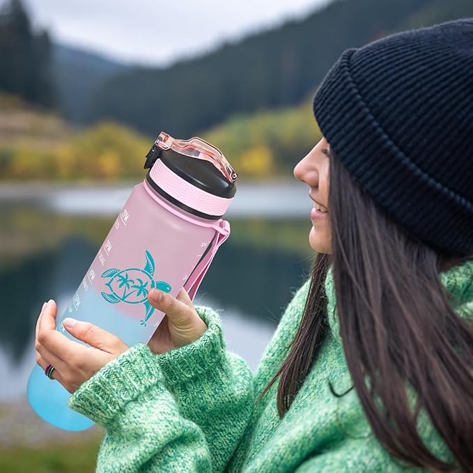 Sea Turtle Water Bottle with Straw, Carry Strap, LeakProof, Tritan BPA Free, 32 Oz Motivational Water Bottle with Time Marker to Ensure You Drink Enough Water for Gym Fitness Outdoor