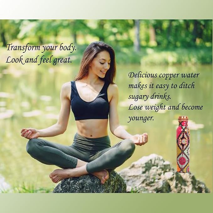Pure Copper Water Bottle - Handcrafted - Ayurveda health benefits - Large 35 oz - Leak proof - Easy to carry for Sports, Fitness, Yoga, School - Artistic Floral Petals Multicolor Enamel