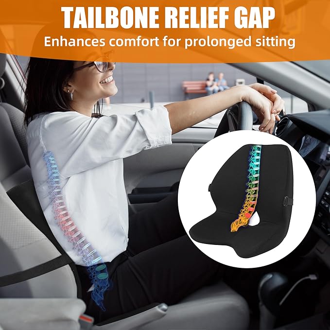 MABOZOO Lumbar Support Pillow for Car, Memory Foam Lumbar & Back Support Pillow Coccyx Cushion for Driving Seat, Seat Cushion & Lumbar Support Pillow Set for Long Time Driving