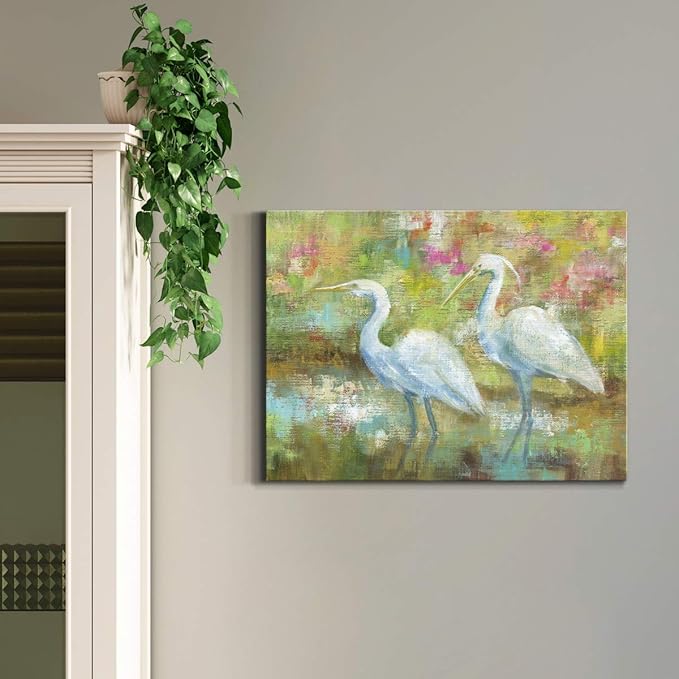 Renditions Gallery Canvas Nature Wall Art Modern Paintings Decorations Elegant White Egrets Abstract Multicolored Bontanical Wall Hanging Artwork for Bedroom Office Kitchen - 18"x27" LT33