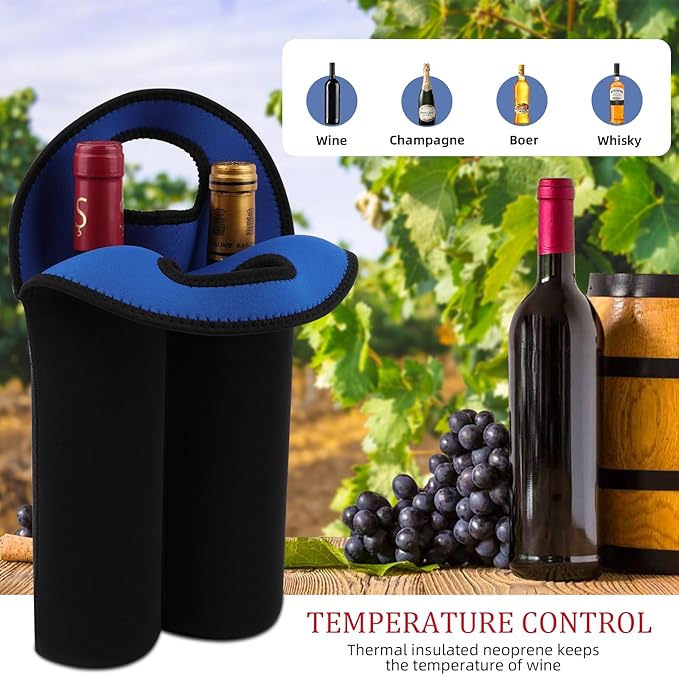Desing Wish 2-Bottle Set Wine Carrier Tote Bag for 750ml Red/White Wine Bottles, Insulated Neoprene Wine Cooler Bag Wine Gift Bags for Gift/Picnic/Party/Beach/Christmas - Red