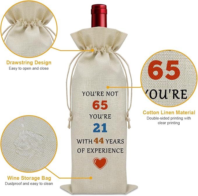 Funny 65th Birthday Gifts Wine Bag Birthday Gifts for Sister 65 Years Old Gifts for Someone Born in 1959 Wine Bottle Decoration Bag Turning 65 Gifts Wine Accessories Gifts for Wine Lovers